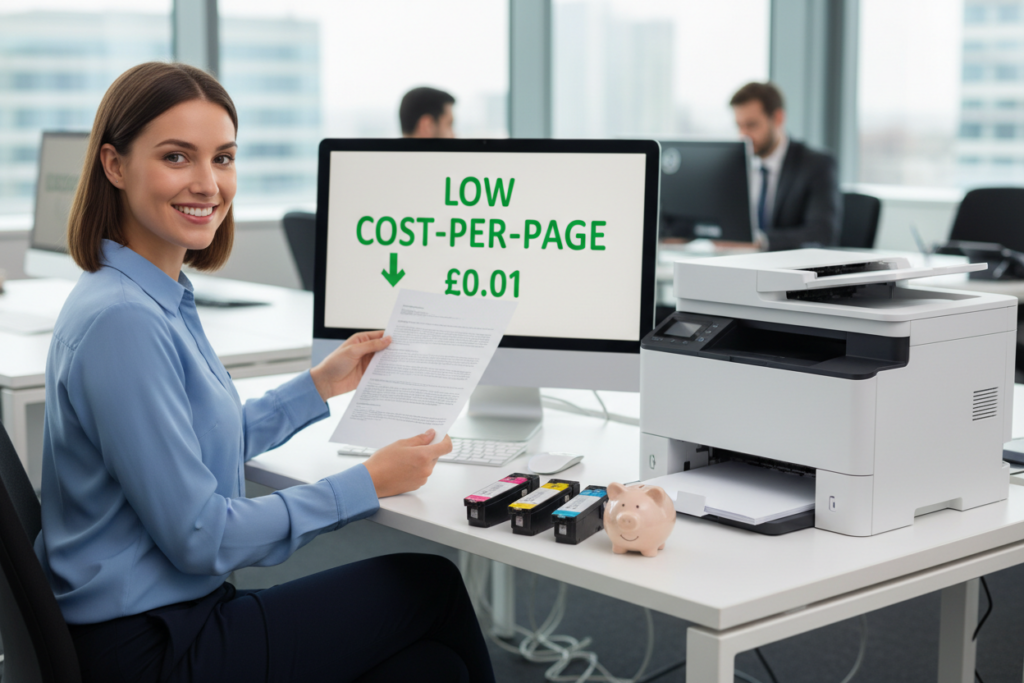 Happy office worker saving money on printing costs with genuine ink cartridges