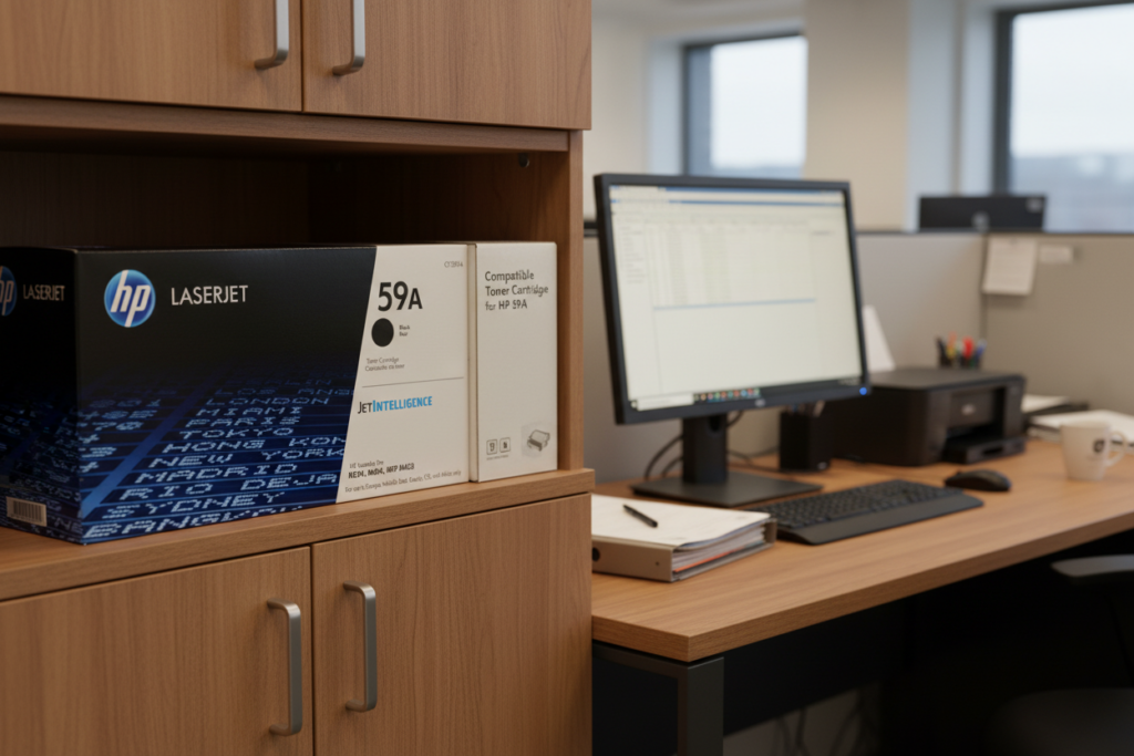 Genuine HP 59A LaserJet toner cartridge next to a compatible toner cartridge on an office cupboard shelf, with a desk, computer monitor and printer in the background