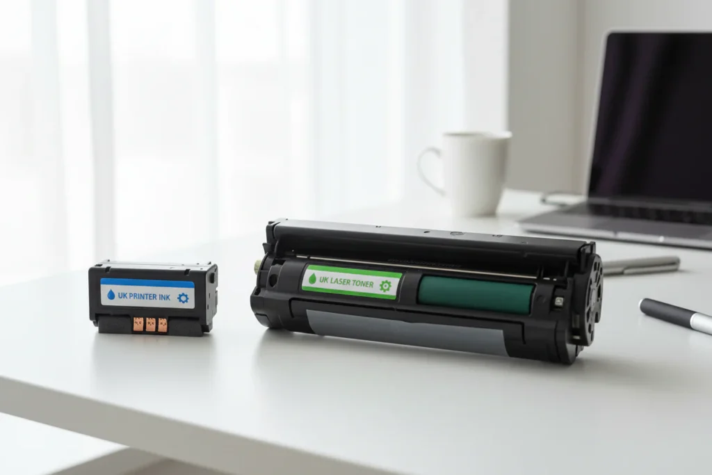 Ink cartridge and laser toner cartridge side by side on a white desk — ink vs toner comparison