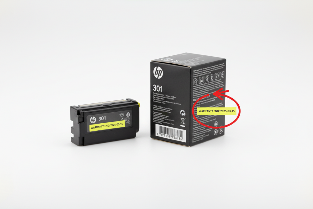 hp 301 ink cartridge showing the manufacturer warranty date